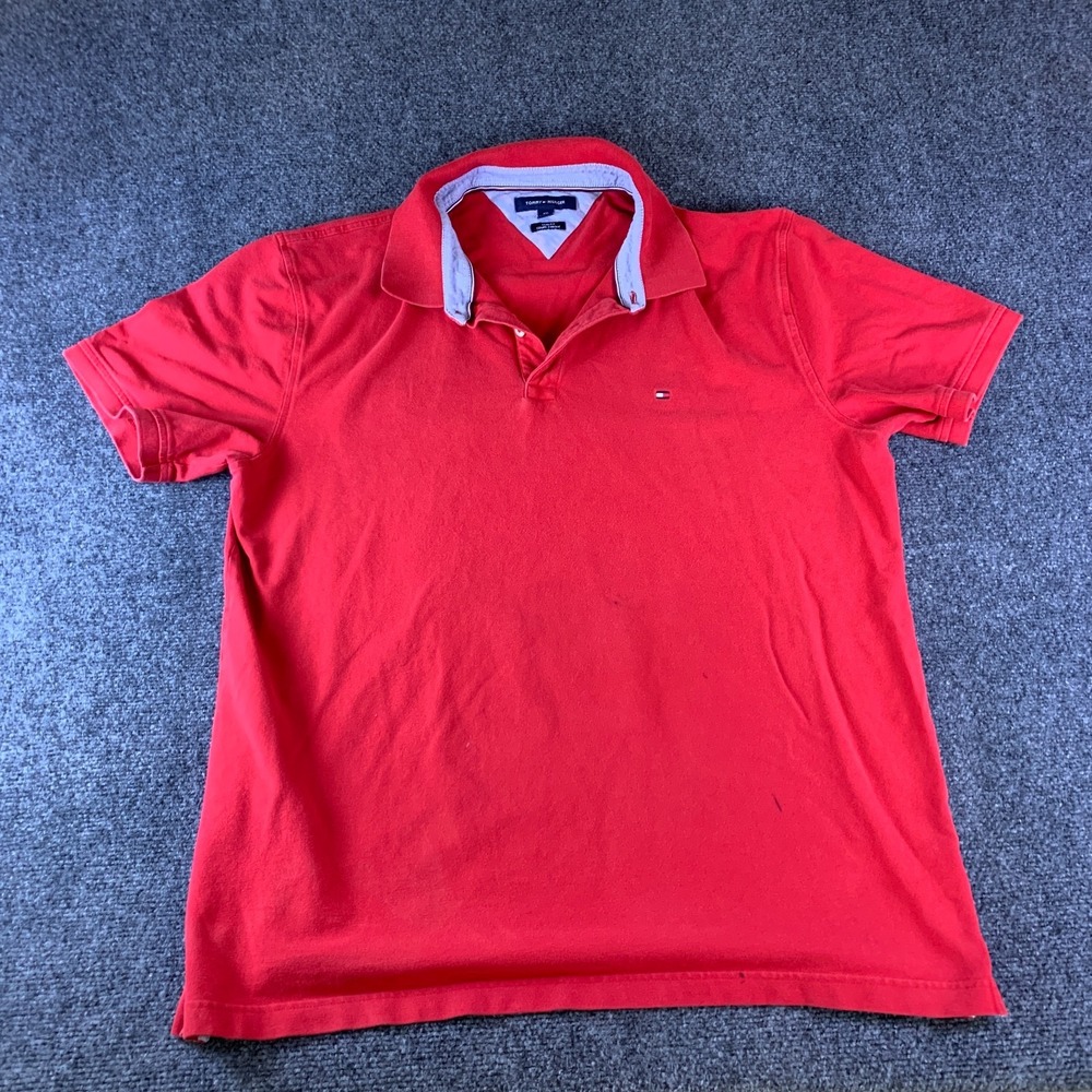 Tommy Hilfiger Polo Shirt Mens 2XL Red Logo Cotton Slim Fit Short Sleeve Golf